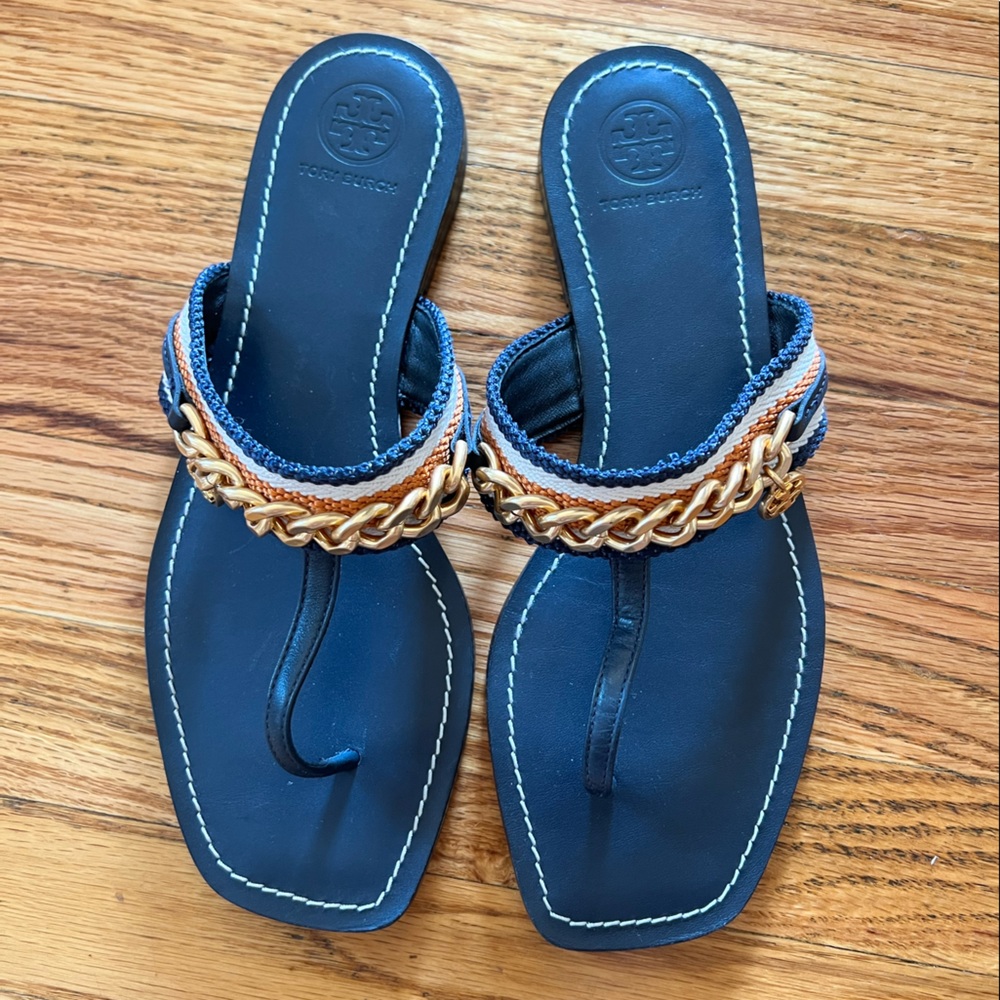 Tory Burch Mini Benton Navy Chain Band Sandal Size 7.5 M
